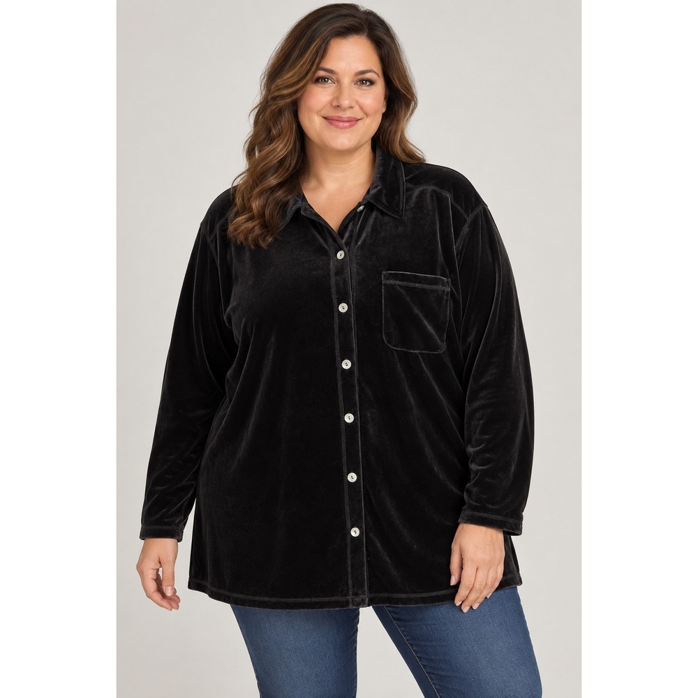 Regatta Button Front Shirt Women XL Black Velvet Long Sleeve Collared Tunic Top